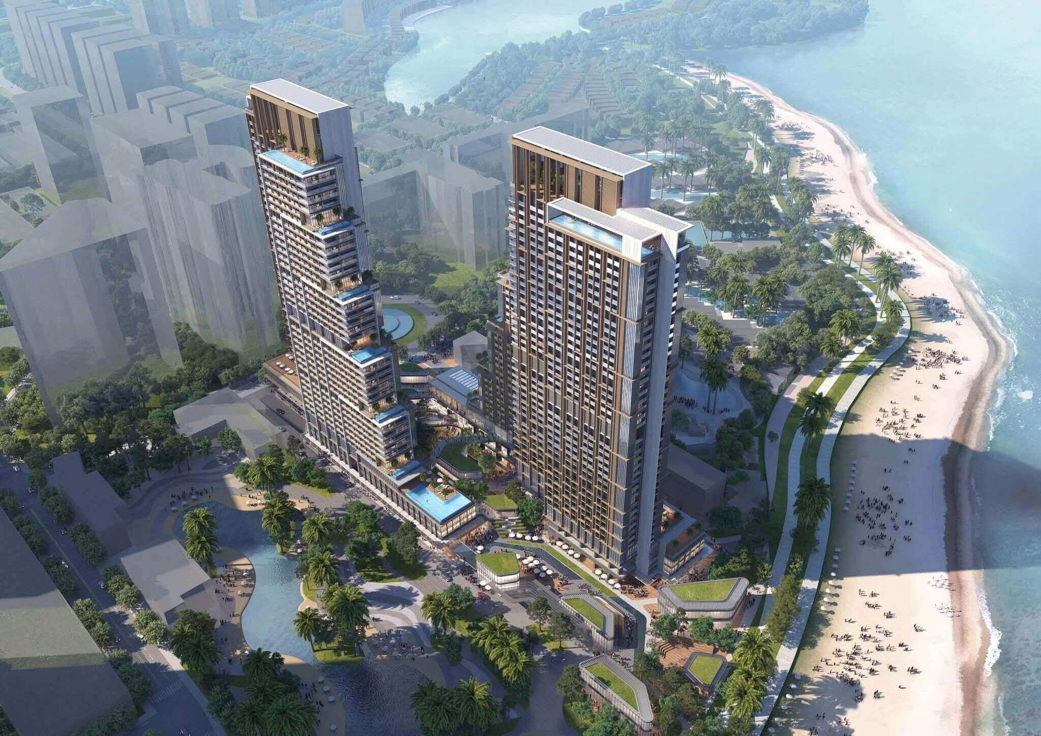 Phối cảnh tháp đôi Dasong Village tại Marina Bayfront District Hòa Bình, gồm các tòa cao tầng hướng biển với hồ bơi vô cực trên cao, liền kề quảng trường biển và bãi tắm riêng.