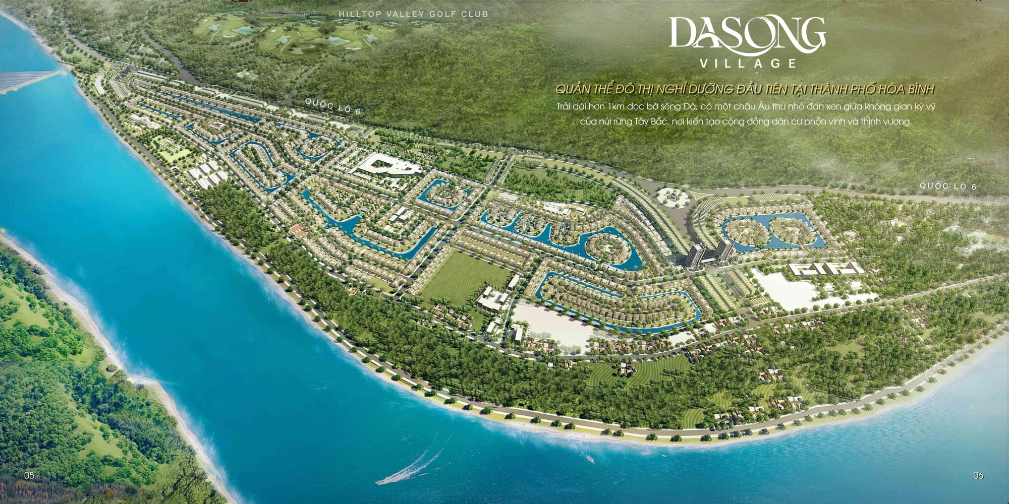 Dasong Village Hòa Bình – quần thể đô thị nghỉ dưỡng ven sông Đà đầu tiên tại TP Hòa Bình, quy hoạch sinh thái thấp tầng, tựa núi hướng thủy, trải dài hơn 1km mặt sông, không gian sống xanh đậm chất nghỉ dưỡng và giá trị bền vững.