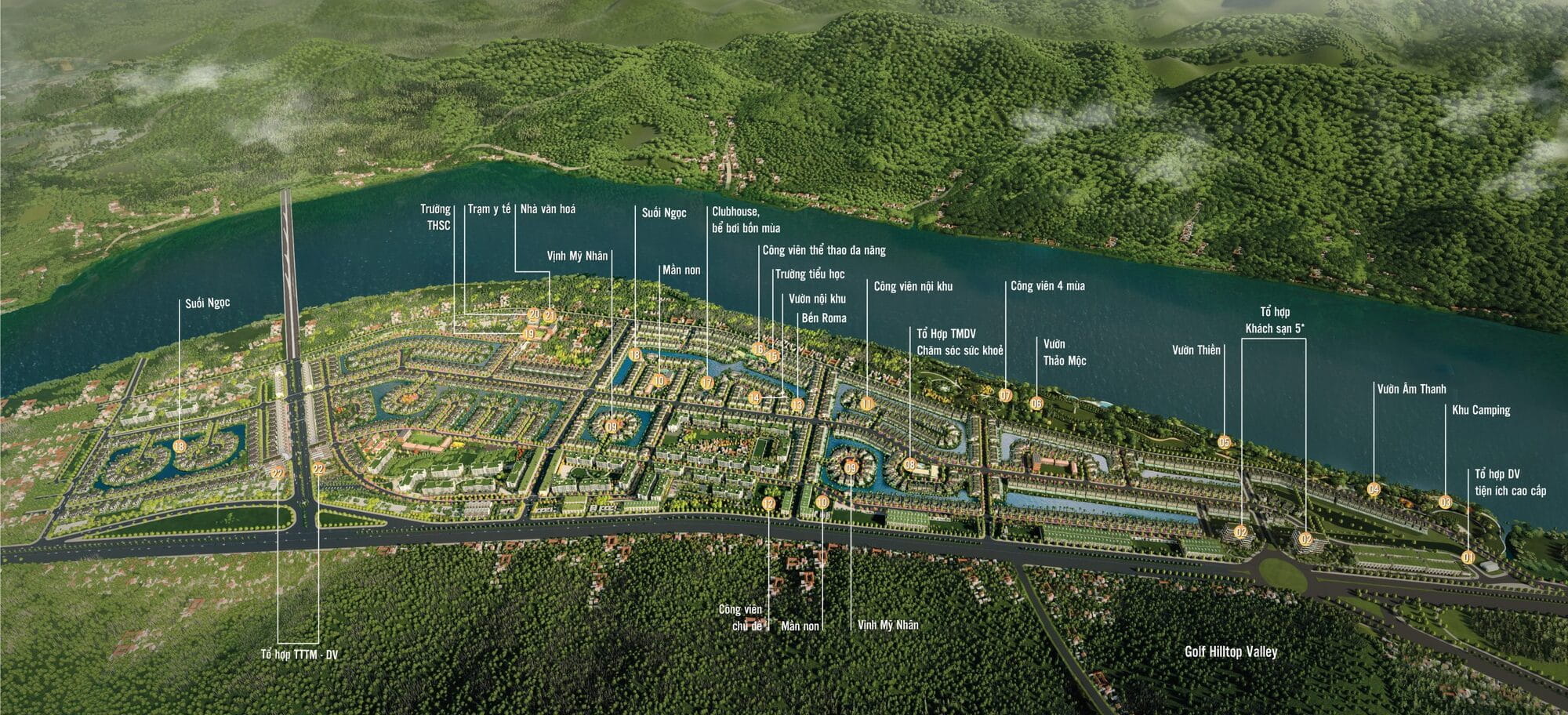Chuỗi tiện ích Dasong Village – quy hoạch đồng bộ ven sông với công viên 4 mùa, clubhouse, bể bơi bốn mùa, vườn thiền, vườn thảo mộc, trường học, y tế, khách sạn 5*, chăm sóc sức khỏe và hệ tiện ích nghỉ dưỡng khép kín chuẩn sống sinh thái