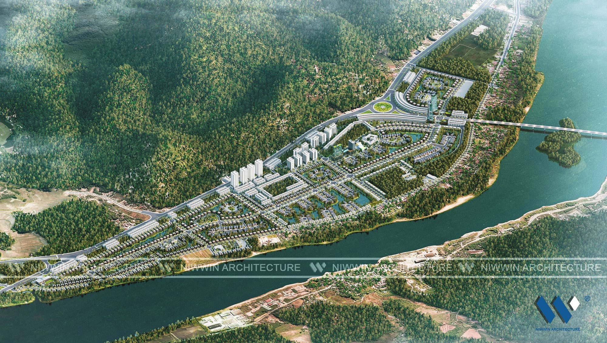 Phối cảnh tổng thể Dasong Village – khu đô thị sinh thái ven sông quy mô lớn, quy hoạch đồng bộ, lưng tựa núi rừng, mặt hướng thủy, không gian sống xanh hài hòa thiên nhiên, tiềm năng an cư và đầu tư bền vững.